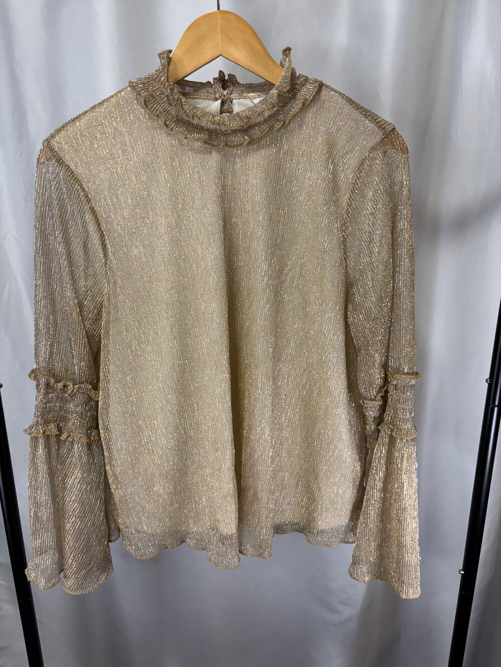 EST 1946 Metallic Gold Blouse Women’s L Ruffle Neck Bell Sleeve Holiday Party